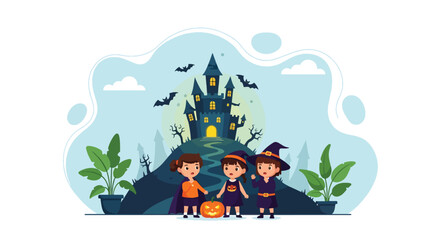 Adobe illustrator artwork vector illustration. Three adorable kids in witch costumes stand before a spooky castle with bats and pumpkins, ready for Halloween adventures. Perfect for holiday halloween