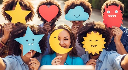 Playful Expressions: A gathering of friends, their faces partly concealed by cheerful, hand-held cutouts of stars, hearts, clouds, and a grinning sun, embracing a moment of pure.