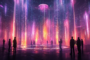 Astrophysicists in a futuristic observatory analyzing cosmic data with vibrant light displays