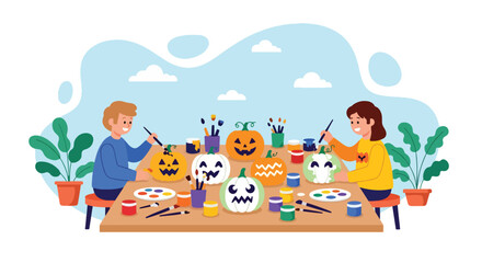 Adobe illustrator artwork vector illustration. Two happy children are creatively painting and decorating various Halloween pumpkins with brushes and paints. Ideal for seasonal crafts, kids' activities
