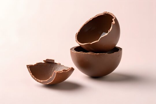 Broken easter chocolate egg shells with a hint of gold lining stacked and scattered on a soft pink background