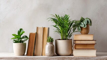 Create a cozy reading nook with vintage books and vibrant potted plants on a rustic shelf, perfect for adding warmth and character to any home decor project or inviting lifestyle blog
