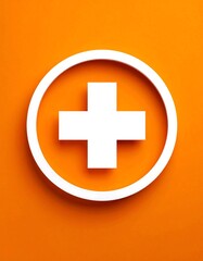 Fototapeta premium Simple white plus sign in a circle, on an orange background