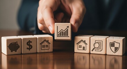 Growth Strategy: A hand positions a block depicting an increasing graph, symbolizing financial growth and strategic planning with related blocks in a carefully arranged composition