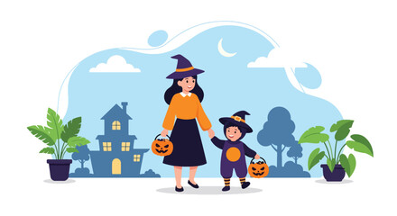 Adobe illustrator artwork vector illustration. A cheerful mother and child, both dressed as witches with pumpkin pails, are trick-or-treating in front of spooky houses. Perfect for Halloween Fest.