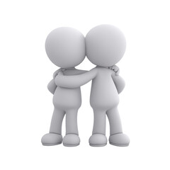 Two 3D humanoid figures hugging on transparent background
