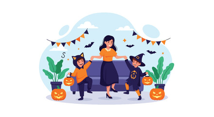 Adobe illustrator artwork vector illustration. A joyful mother with her two children in witch costumes, holding pumpkin lanterns, celebrating Halloween indoors with festive decorations. Perfect.