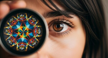 Intriguing Kaleidoscope: A close-up shot of a human eye peering through a kaleidoscope, unveiling a spectacle of vibrant colors and intricate geometric patterns. 