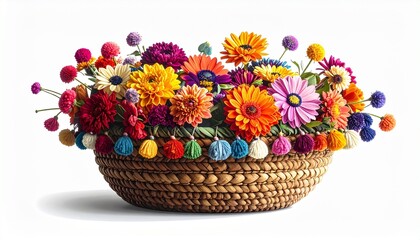 Woven basket filled with multicolored flowers and pom-poms arranged in festive circular pattern