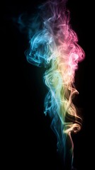 Abstract Colorful Smoke Swirling on Black Background Creating Vibrant Artistic Patterns with Blue, Green, Yellow, and Pink Colors
