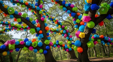 Colorful Geometry on Nature's Canvas: An artistic display of vibrant geometric shapes, playfully adorning the branches of trees, infusing nature with a burst of color and creativity.