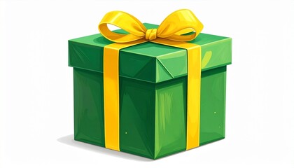 Obraz premium Green gift box with shiny yellow ribbon tied in bow on white surface symbolizing celebration and giving