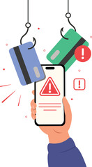 Hand holding a mobile phone with Cyber criminal stealing money through smartphone. Warning sign or Alert Cyber criminal concept.