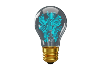 Isolated vintage light bulb with modern blue glowing digital circuit board inside