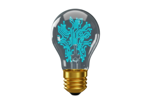 Isolated vintage light bulb with modern blue glowing digital circuit board inside