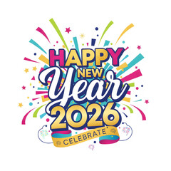 Vibrant and cheerful 2026 New Year vector typography illustration. Celebration sticker for the New Year, greeting card, poster, banner, and template design.