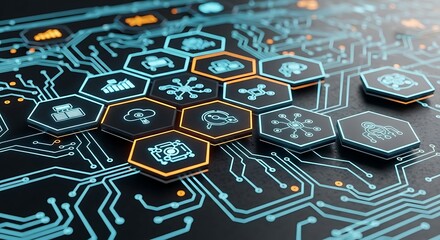 Digital Interconnection: A mesmerizing close-up showcases a circuit board adorned with glowing hexagonal icons, representing various facets of technology.