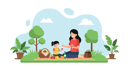 Adobe illustrator artwork vector illustration. A mother and child enjoy a delightful picnic in a park with a city skyline backdrop, complete with a basket, fruits, and drinks. Perfect for family