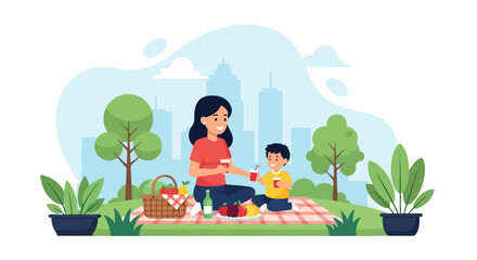 Adobe illustrator artwork vector illustration. A mother and child enjoy a delightful picnic in a park with a city skyline backdrop, complete with a basket, fruits, and drinks. Perfect for family