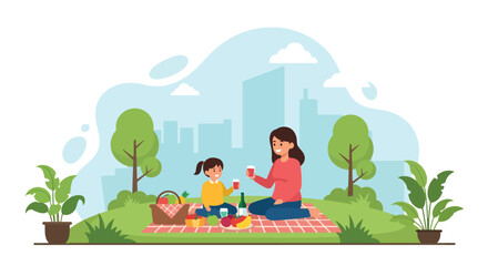 Adobe illustrator artwork vector illustration. A mother and child enjoy a delightful picnic in a park with a city skyline backdrop, complete with a basket, fruits, and drinks. Perfect for family