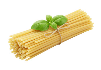 Isolated Bundle of Spaghetti Noodles with Fresh Basil Leaves and String Tied Around