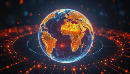 Glowing globe with vibrant colors representing Earth and digital connections in a dark space setting