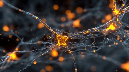 Glowing neural network, representing active brain neurons with electrical impulses and complex synaptic connections on a dark background.