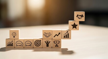 Rising Cubes: A graphic depiction of progress and achievement, symbolized by ascending wooden blocks adorned with business-related icons.