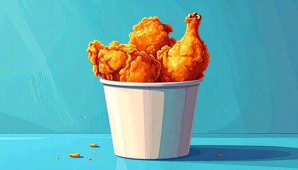 A Bucket of Delicious Fried Chicken Illustration on a Blue Background