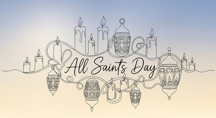 All Saints' Day: A minimalist illustration of candles and lanterns with All Saints' Day. This art piece evokes solemnity and celebration.