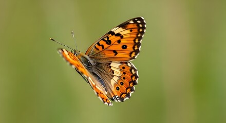 Close-up of a beautiful orange butterfly in flight against a blurred green background