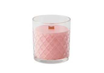 Isolated scented candle with wooden wick, light pink candle wax, aroma, home decor, gift idea