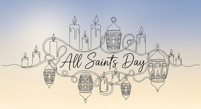 All Saints' Day: A minimalist illustration of candles and lanterns with All Saints' Day. This art piece evokes solemnity and celebration.