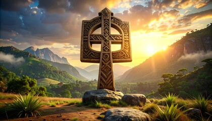 Celtic Cross Amidst Majestic Mountain Landscape at Sunset.