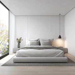 Luxury white bedroom interior with a stylish bed positioned near a window, filled with soft natural light.   made with generative AI