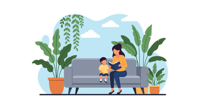 Adobe illustrator artwork vector illustration. A mother reads a book to her child on a sofa, surrounded by potted plants, creating a cozy and loving home scene. Perfect for family, education, and life