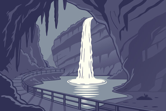 Ruby Falls Cavern in Tennessee, dramatic underground waterfall cascading into illuminated pool