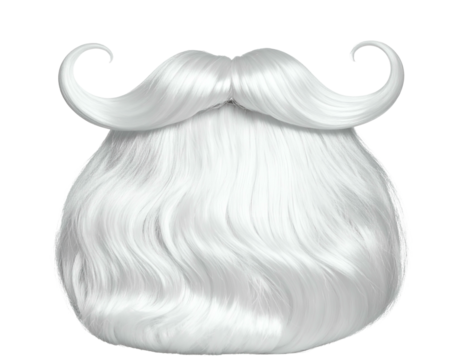 Realistic, flowing white beard with curly mustache, isolated on black backdrop