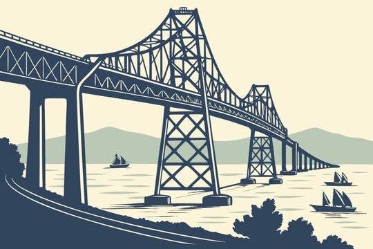 Richmond&ndash;San Rafael Bridge in California, steel truss bridge curving gracefully across the northern bay waters