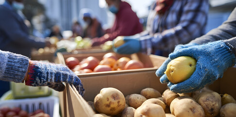 Volunteers sorting potatoes and tomatoes into boxes during a food drive event outdoors in daytime