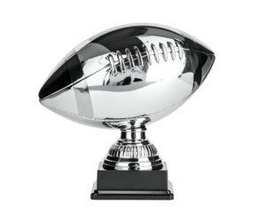 Polished silver trophy in the shape of a football on a pedestal