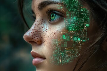 Woman with digital circuits merging into her face represents technological integration
