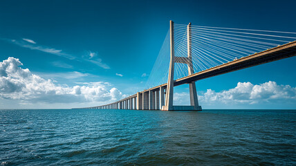 White modern bridge crossing a river, showcasing sleek lines and contemporary architectural design.   made with generative AI