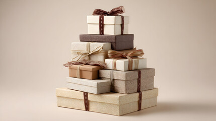 A stack of wrapped gift boxes in neutral colors with ribbons on a light beige background studio shot
