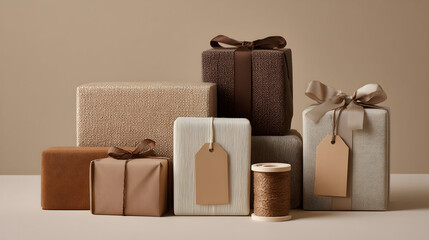 Assortment of wrapped gifts with ribbons and tags in neutral tones on a plain background surface