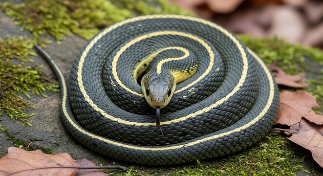 Garter Snake Coiled on Mossy Log with Tongue Out.