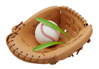 Isolated Baseball glove holding a baseball with grass blades, sports equipment outdoors shot