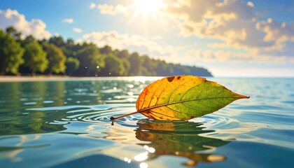A Colorful Leaf Floating on Water with a Scenic Background of Sky and Trees