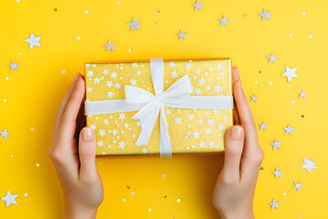 Hands holding a yellow gift box with white ribbon on yellow background with star shaped confetti