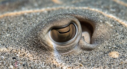 Close-up of a camouflaged stingray's eye peeking out from sandy seabed, natural habitat